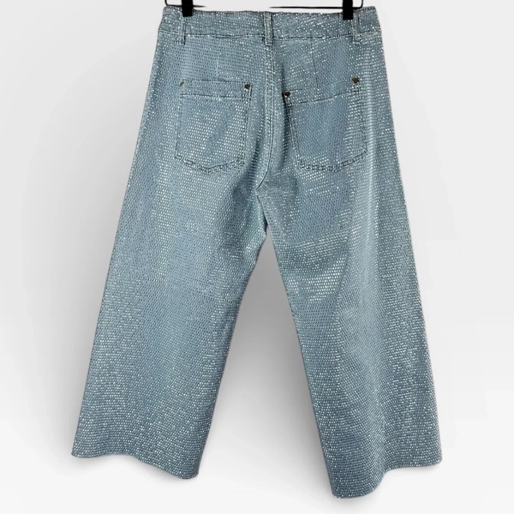 Blue B Collection Wide Leg Cropped Rhinestone Denim Jeans Large (Note Flaws) (I)